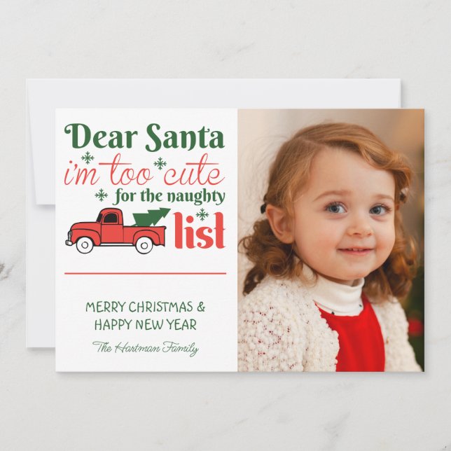 Dear Santa Cute Naughty List One Photo Christmas Holiday Card (Front)