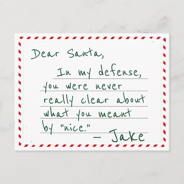 Dear Santa Defendant Plea Funny Christmas Postcard (Front)
