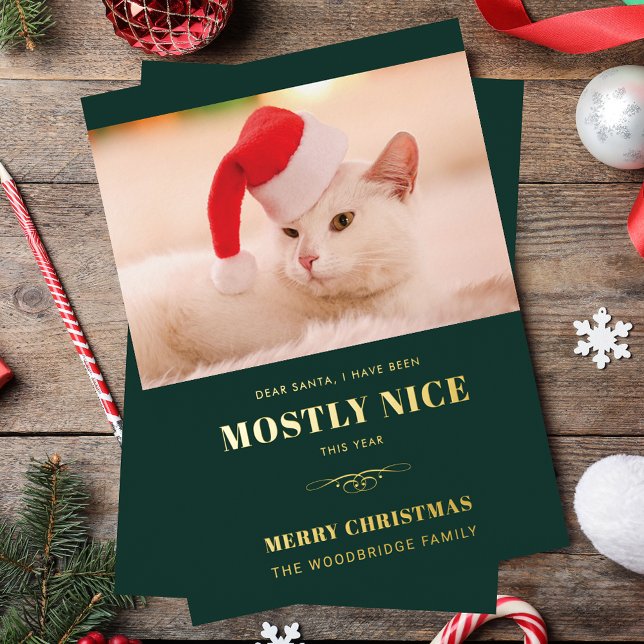 Dear Santa Funny Cat Photo Christmas (Dear Santa Meowy and Bright Cat Photo Christmas Foil Holiday Card)
