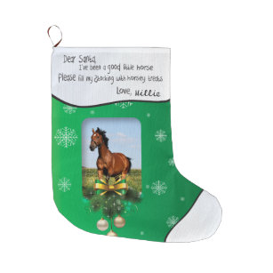 Dear Santa Green ADD YOUR HORSE Photo and Name Large Christmas Stocking