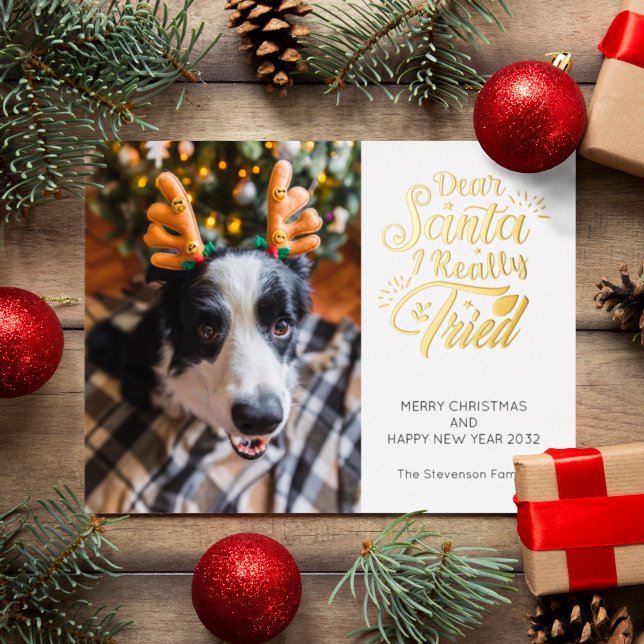 Dear Santa I tried pet dog photo fun Christmas Foil Holiday Postcard (Creator Uploaded)