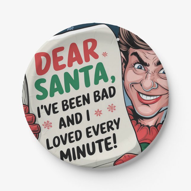 Dear Santa, I've Been Bad Christmas Elf Fun Design Paper Plate (Front)