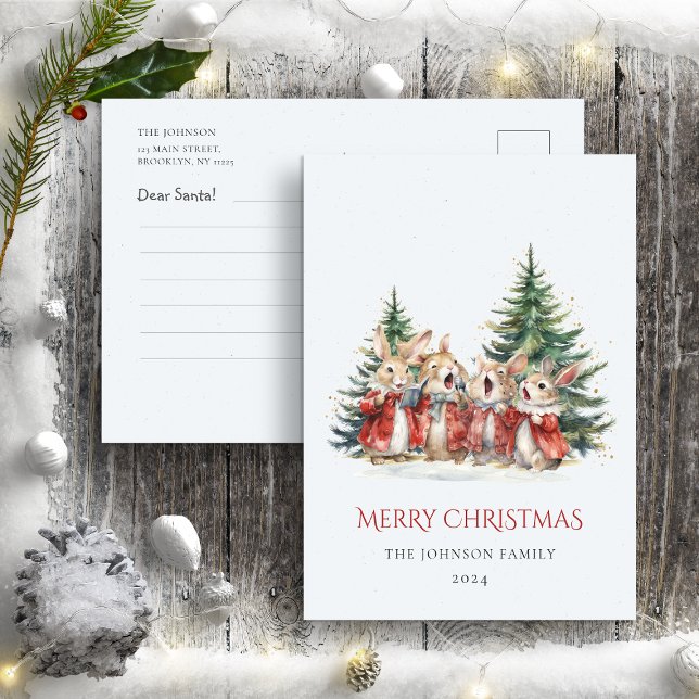 Dear Santa Letter Cute Funny Bunnies Baby Red  Postcard (Creator Uploaded)