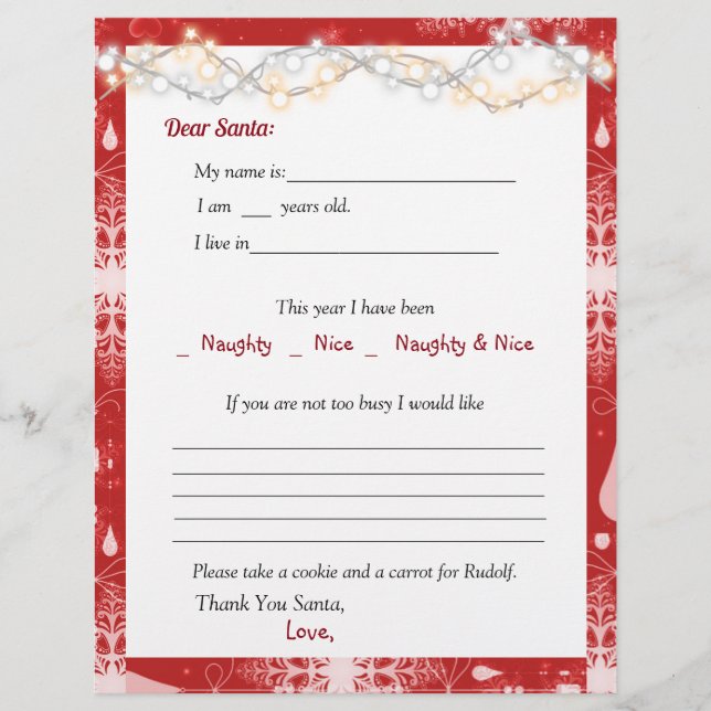 Dear Santa Letter Pretty Lights and Snowflakes (Front)