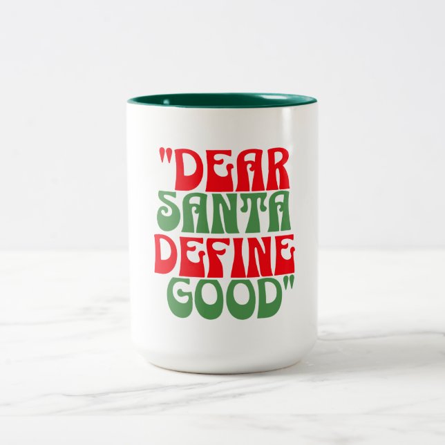 Dear Santa Red and Green Groovy Retro Font Two-Tone Coffee Mug (Center)