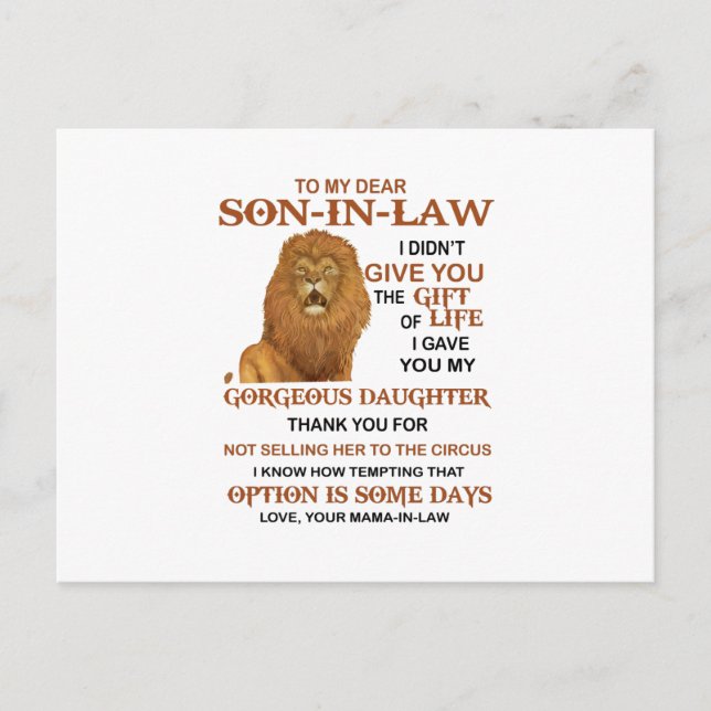 Dear Son-In-Law I Gave You My Gorgeous Daughter Postcard (Front)