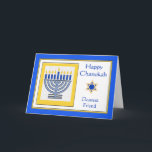 Dearest Friend Chanukah Contemporary Menorah Card<br><div class="desc">Happy Chanukah Dearest Friend,  contemporary menorah with blue candles,  paper greeting card. Digital illustration with a lit menorah and a Star of David. Art,  image,  and verse copyright © Shoaff Ballanger Studios,  2024.</div>