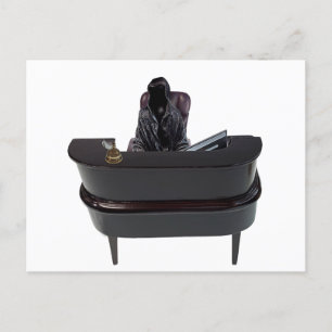 Death at a Service reception Desk with computer an Postcard