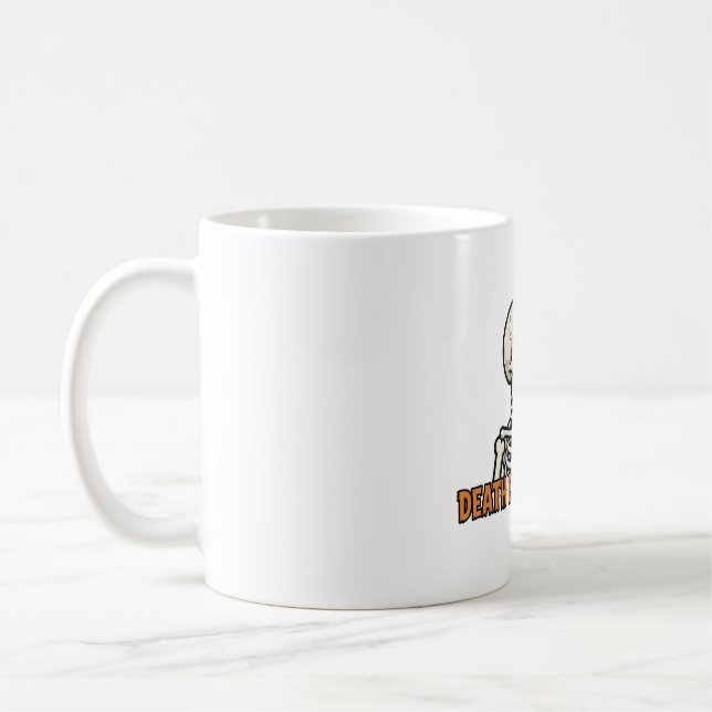 Death Before Decaf Skeleton Coffee Halloween Typog Mug (Left)