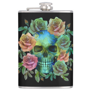 DEATH GREEN SKULL WITH FLOWERS HIP FLASK