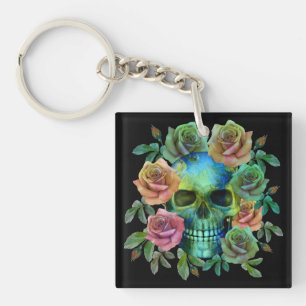 DEATH GREEN SKULL WITH FLOWERS KEY RING