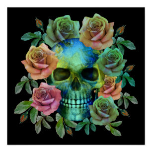 DEATH GREEN SKULL WITH FLOWERS POSTER