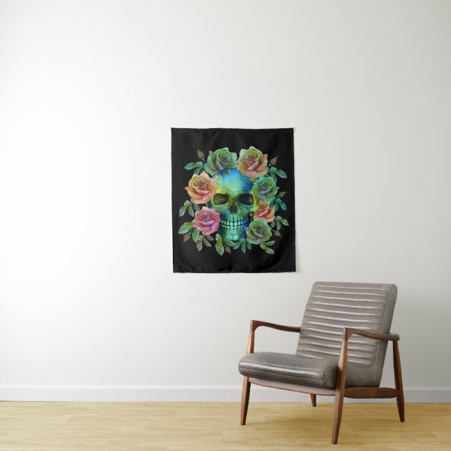 DEATH GREEN SKULL WITH FLOWERS TAPESTRY (In Situ)