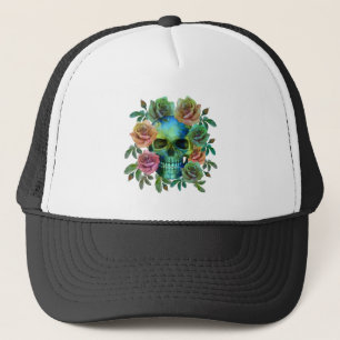 DEATH GREEN SKULL WITH FLOWERS TRUCKER HAT