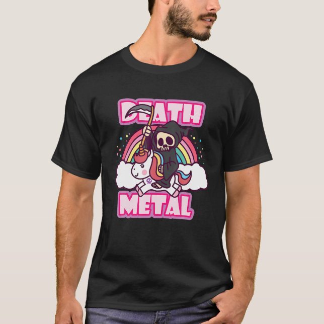 Death Metal Grim Reaper Riding A Unicorn Metal Mus T-Shirt (Front)