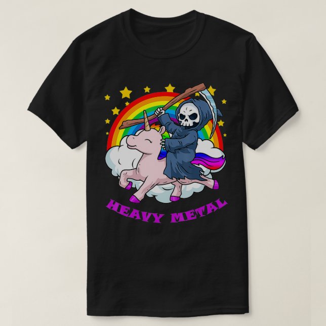 Death Metal s Unicorn Grim Reaper Rainbow Heavy Me T-Shirt (Design Front)