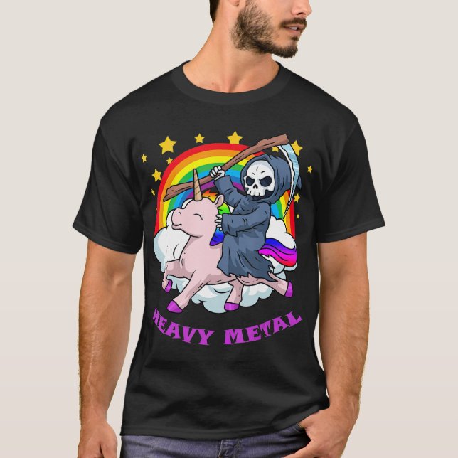 Death Metal s Unicorn Grim Reaper Rainbow Heavy T-Shirt (Front)