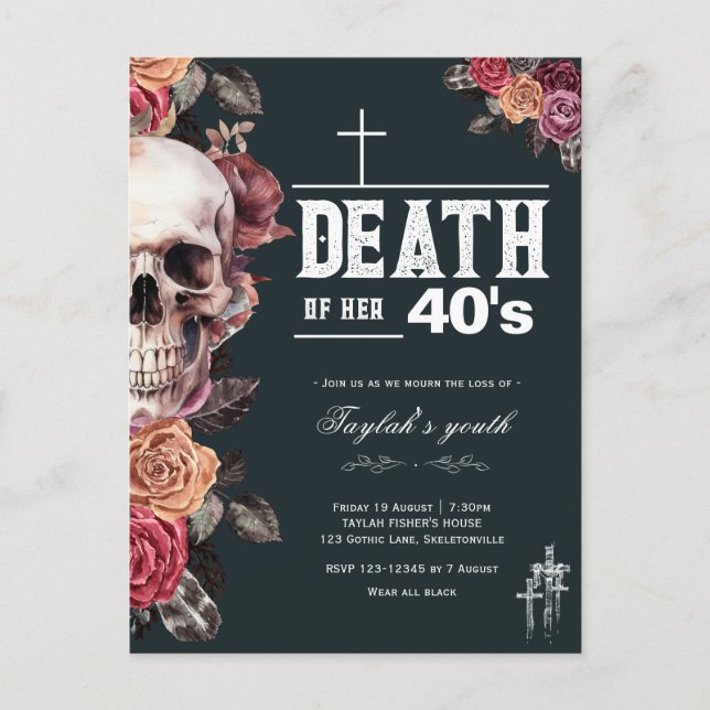 Death of her 40s - 50th birthday invitation postcard (Front)