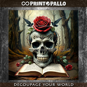 Death skull on cursed book with roses and crows - tissue paper