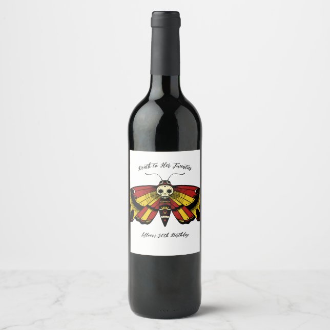 Death to 20s Birthday Moth and Skull Design Napkin Wine Label (Front)