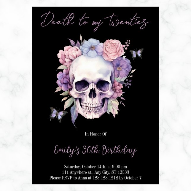 Death to my 20s Skull Flowers Any Year Birthday  Invitation (Creator Uploaded)