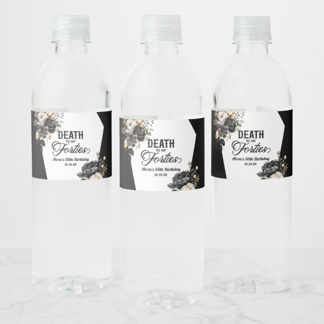 Death To My Forties Floral 50th Birthday Party Water Bottle Label (Bottles)