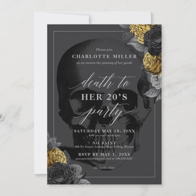 Death to Your 20's Party Invitation Black and Gold (Front)
