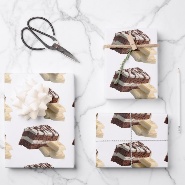Decadent Chocolate Cake Slices with White Chocolat Wrapping Paper Sheet (Front)