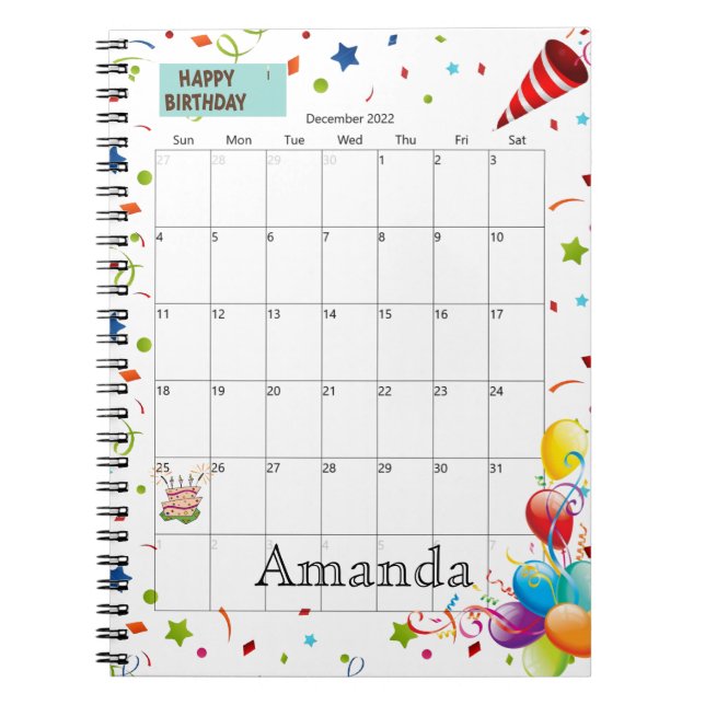 December 2022 Calendar Happy Birthday Notebook (Front)