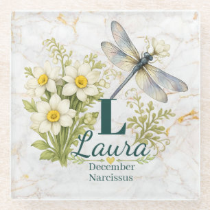 December Birth Flower Narcissus & Dragonfly Glass Coaster