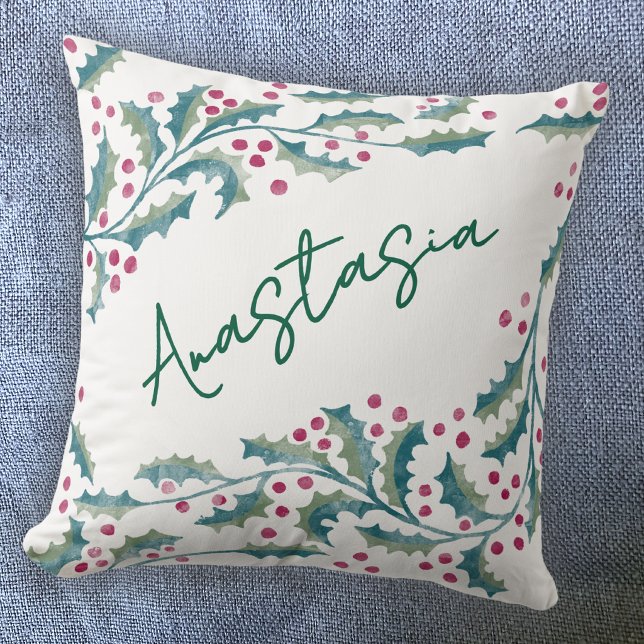 December Birth Month Holly Personalised Cushion (December birthday personalized custom name birth month flower holly throw pillow)
