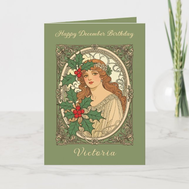 December Birthday Art Nouveau Holly Berries Card (Front)