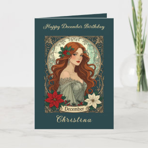 December Birthday Holly Berries And Poinsettia Card