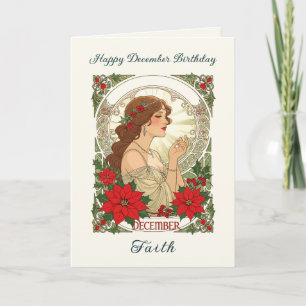 December Birthday Holly Berries And Red Poinsettia Card