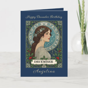 December Birthday Holly Berries Winter Blue Card