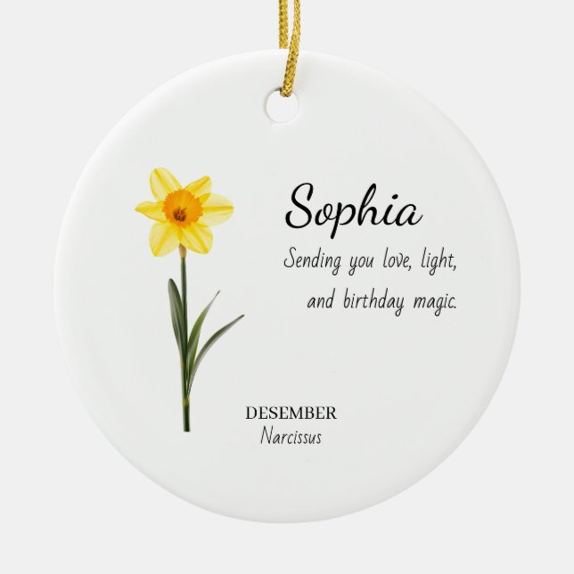 December Narcissus Personalised Birthday Ceramic Tree Decoration (Front)