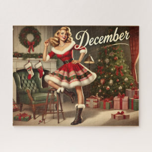 December Retro Christmas Blonde Pin-Up Girl Jigsaw Jigsaw Puzzle