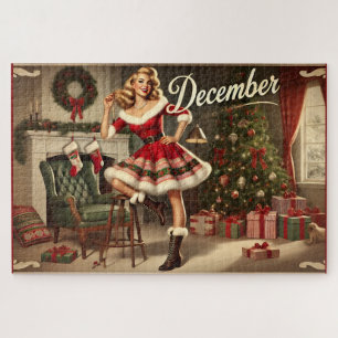 December Retro Christmas Blonde Pin-Up Girl Jigsaw Puzzle
