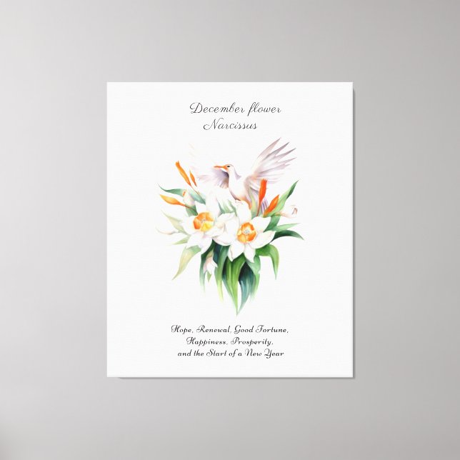 December’s Narcissus Flower with Floral Bird Canvas Print (Front)