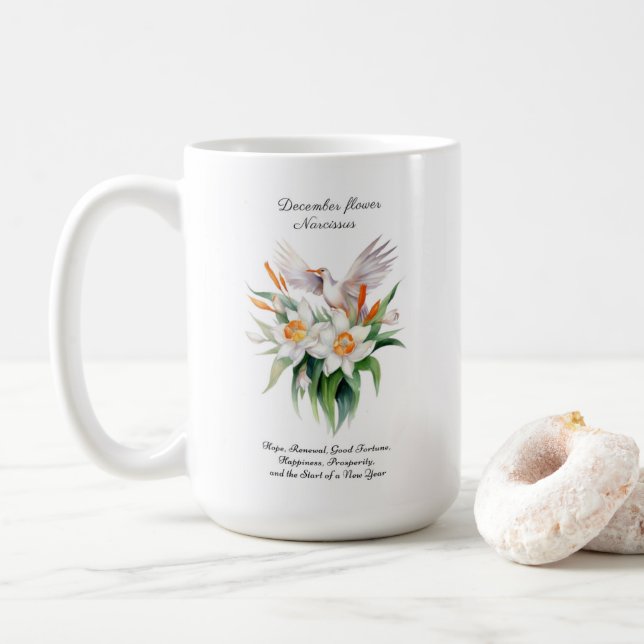 December’s Narcissus Flower with Floral Bird Coffee Mug (With Donut)