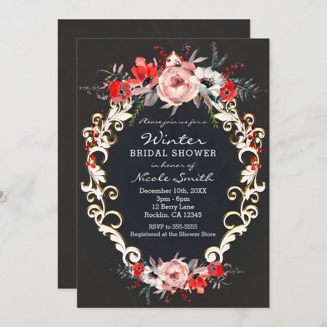 December Winter Bridal Shower Holly Berry Floral Invitation (Front/Back)