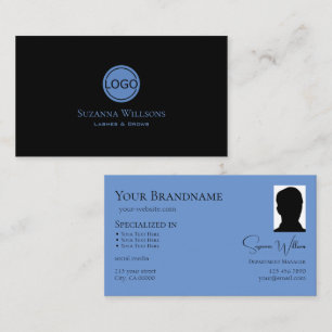 Decent Plain Black and Blue with Logo and Photo Business Card
