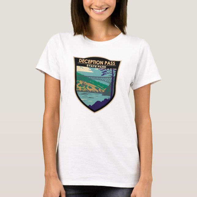 Deception Pass State Park Bridge Washington Badge T-Shirt (Front)