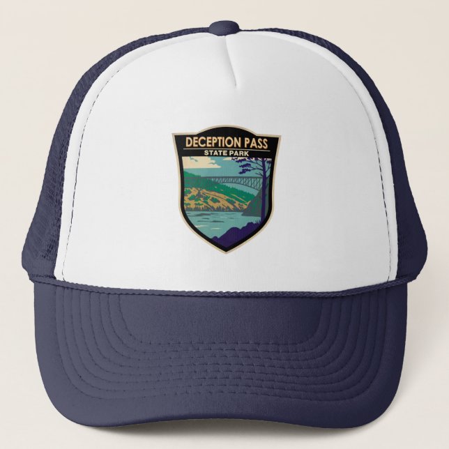 Deception Pass State Park Bridge Washington Badge Trucker Hat (Front)