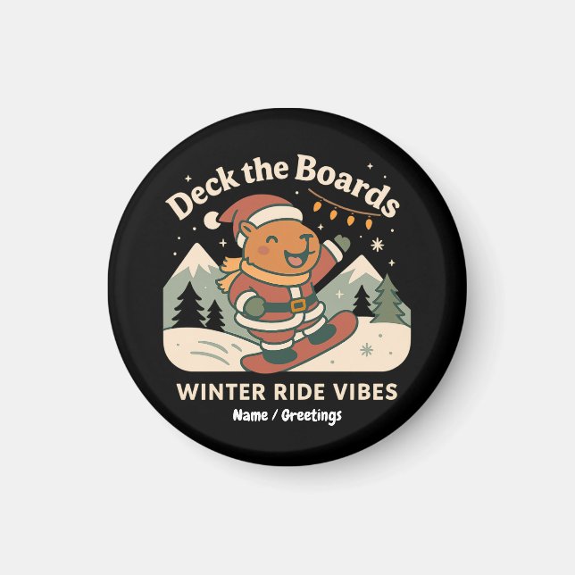 Deck the Boards Cute Santa Capybara Snowboarding Magnet (Front)