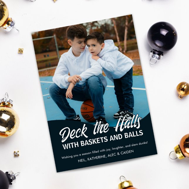 Deck the Halls Basketball Multi Photo Holiday Card (Creator Uploaded)