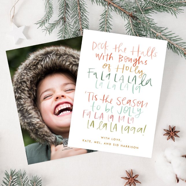 Deck the Halls Colourful Christmas Carol Photo Holiday Card (Deck the Halls watercolor Christmas carol festive holiday photo card.)