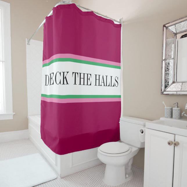 DECK THE HALLS Fun Red Green Pink White Stripes Shower Curtain (In Situ)