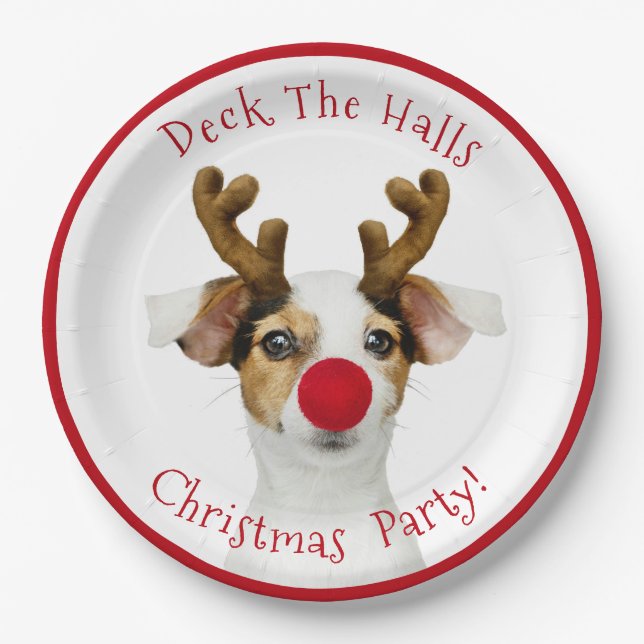 Deck The Halls, Funny Dog, Christmas Party Paper Plate (Front)