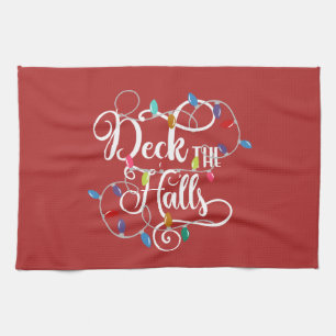 deck the halls holiday lights Christmas Tea Towel